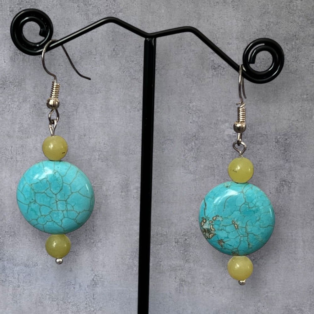 Round Turquoise silver plated earrings with green beads